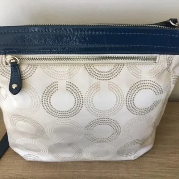 Coach Ashley Dotted Op Art Cream Canvas Blue Leather Shoulder Crossbody Bag - Picture 2 of 11
